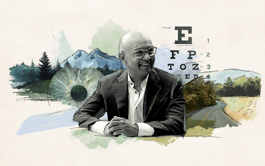 Illustration featuring a collage of images including Dr. Sunil Gupta, an eye chart, and the iris of an eye, against a rural background.
